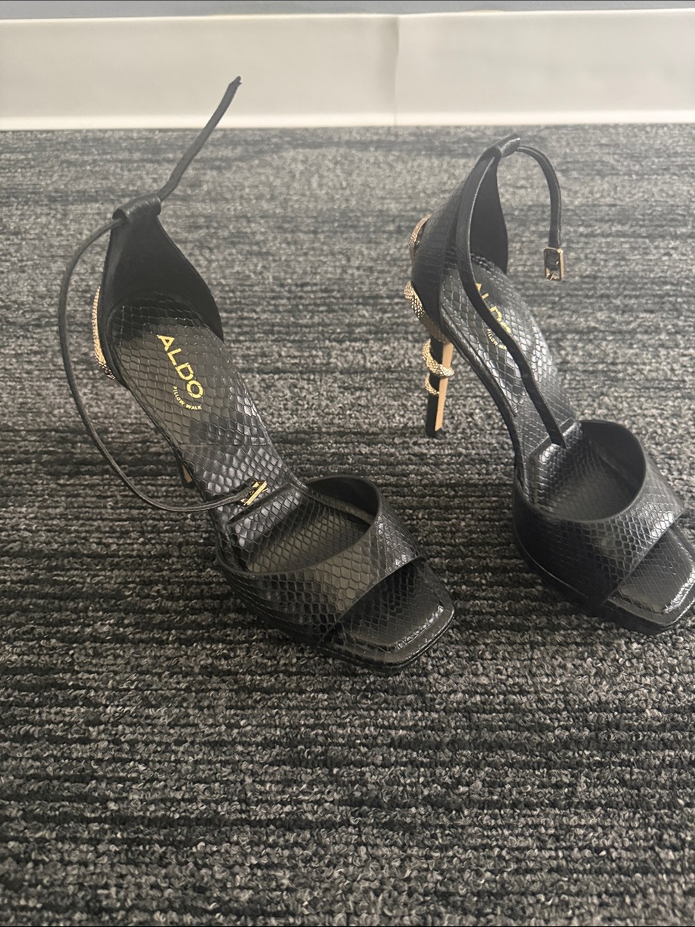 ALDO Black Faux-Snake Ankle-Tie Stiletto Sandals